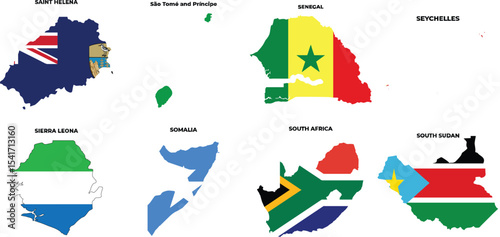 African Nation Flags on Maps Vol. 6 – Saint Helena, São Tomé and Príncipe, Senegal, Seychelles, Sierra Leone, Somalia, South Africa, South Sudan