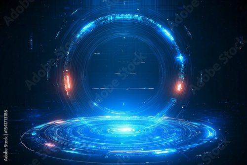 Futuristic circle vector HUD, GUI, UI interface screen design. Abstract style on blue background. Blank display, stage or podium for show product in futuristic cyberpunk style.Technology demonstration