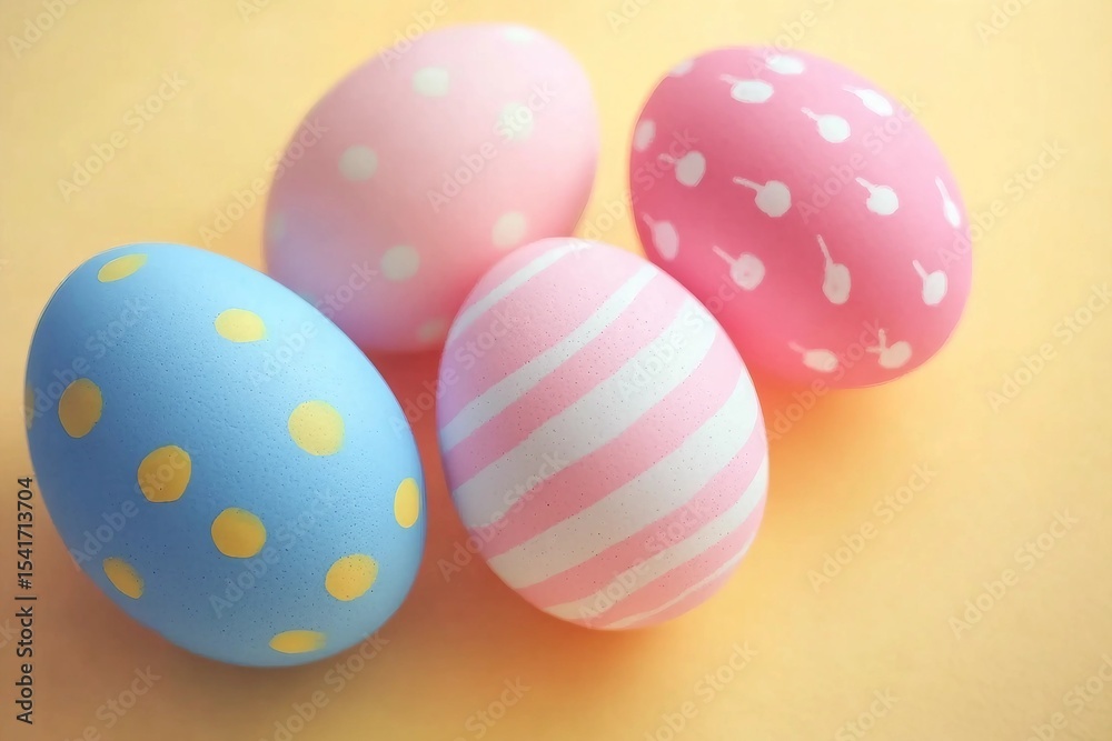 Flat lay of cute pastel and colorful cute easter eggs with on colorful background, happy easter concept