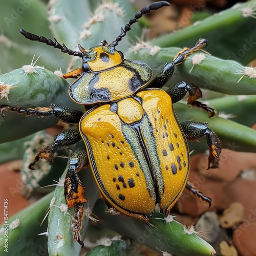 Close-up of a colorful beetle on a cactus photo