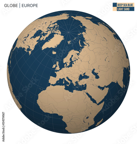 Vector Globe centered to Europe. Deep Sea Blue Light Sand palette. World map with meridians, parallels, countries, rivers and lakes. Classy vector illustration.