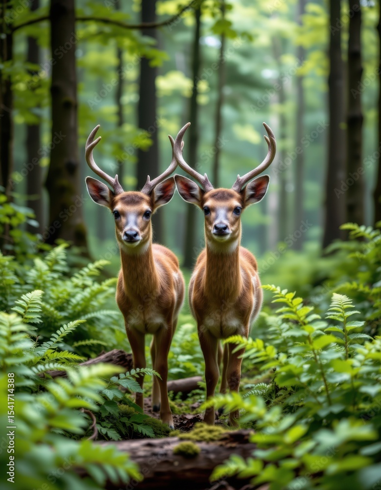Wildlife encounter two male deer in lush forest nature photography tranquil environment close-up view Wildlife encounter two male deer in lush forest nature photography tranquil environment close-up view