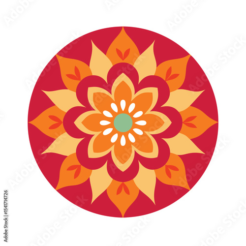 Colorful floral mandala design in a circular shape with vivid orange and red hues