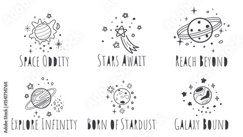 Set of simple illustrations with space-themed lettering. Comets, stars, planets, stardust and cute sayings, vector elements. Print for t-shirt, book, postcard and more