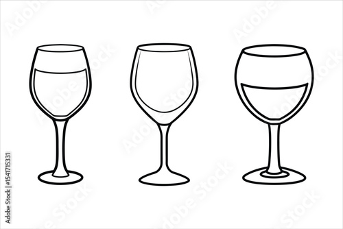 Three Wine Glasses Line Art Black White Illustration