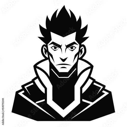 Stylized Anime Character with Angular Features and a Confident Expression in High Contrast Black and White Graphic Design