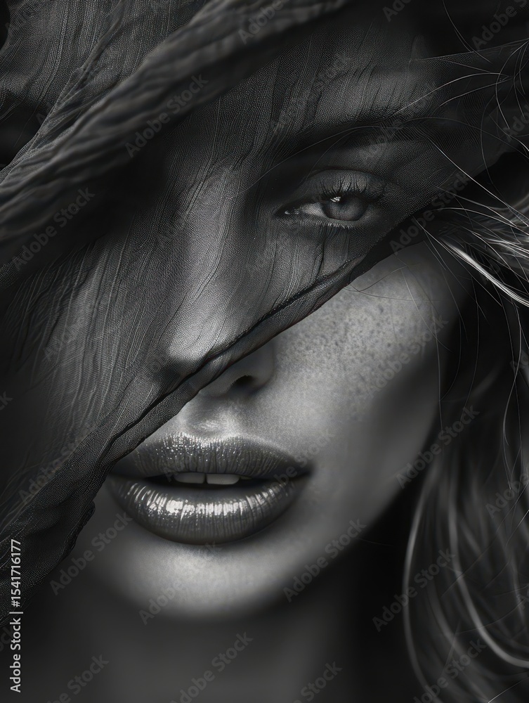 Fototapeta premium Conceptual black-and-white close-up of woman half hidden by sheer veil. AI-generated.