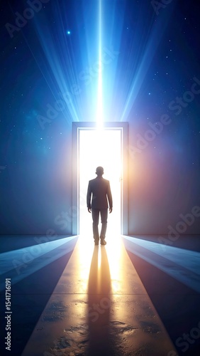 Man walks towards bright door.