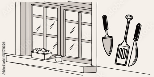 Set of Kitchen Utensils and Cutlery Tools for Cooking and Dining Vector Illustration near window background 
