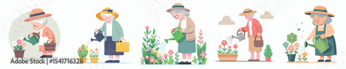 vector character grandma watering flowers