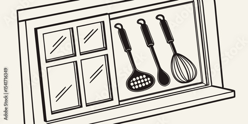 Set of Kitchen Utensils and Cutlery Tools for Cooking and Dining Vector Illustration near window background 