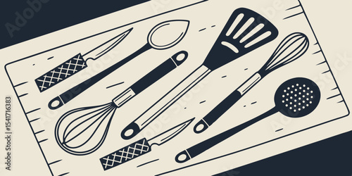 Set of Kitchen Utensils and Cutlery Tools for Cooking and Dining Vector Illustration in black background 