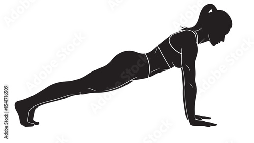 Flat black vector silhouette of a man holding plank position, front view with full body straight and strong, symbolizing core strength and stability