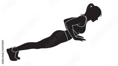 Flat black vector silhouette of a man holding plank position, front view with full body straight and strong, symbolizing core strength and stability