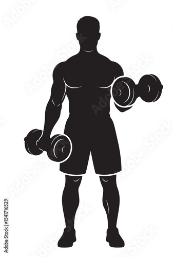 Flat black vector silhouette of a man doing bicep curls with dumbbells, front-facing standing position, symbolizing arm strength and workout training