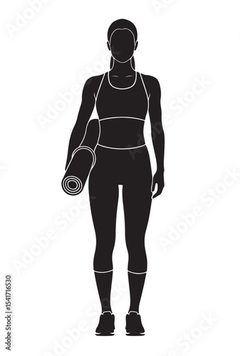 Flat black vector silhouette of a woman holding a yoga mat under her arm, front-facing full body, symbolizing fitness lifestyle and gym preparation