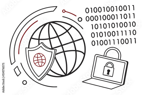 Conceptual Illustration of Cyber Security Safeguarding Digital Networks and Information with Globe Shield and Binary Code Representing Online Protection