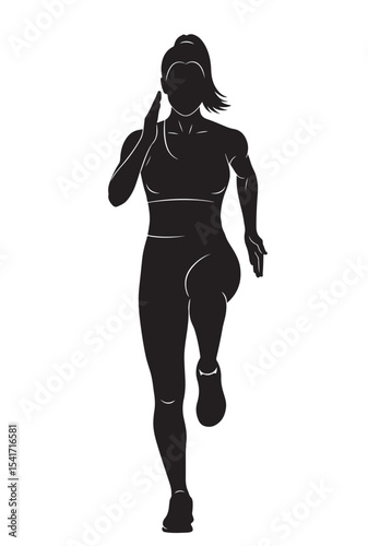 Flat black vector silhouette of a woman doing high knees running in place, front-facing full body, symbolizing high-intensity training and cardio workout
