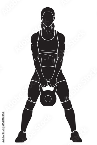 Flat black vector silhouette of a woman holding kettlebell with both hands, front-facing full body stance, symbolizing strength and conditioning workout