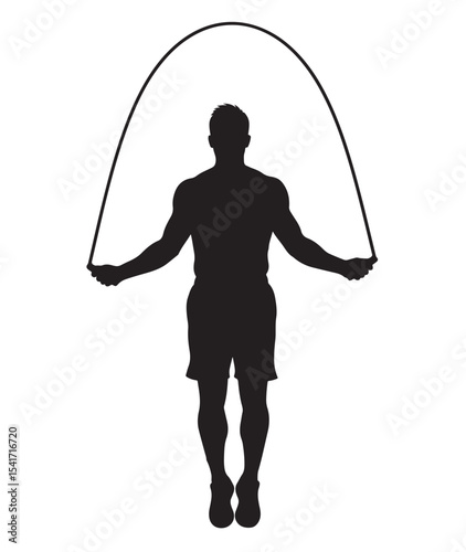 Flat black vector silhouette of a man jumping rope, front-facing full body, symbolizing cardio, agility, and coordination training workout