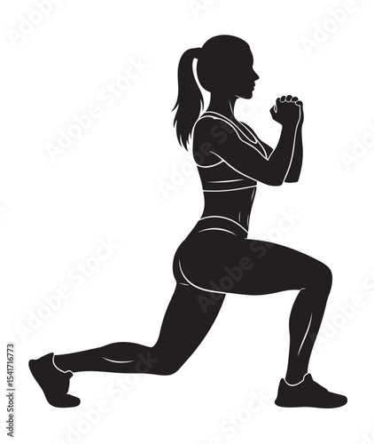 Flat black vector silhouette of a woman doing lunges, side profile full body, symbolizing lower body workout and fitness training