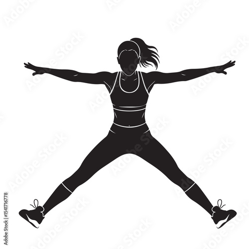 Flat black vector silhouette of a woman doing jumping jacks, arms and legs extended wide, front-facing full body, symbolizing cardio and high energy