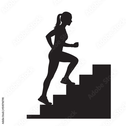 Flat black vector silhouette of a woman climbing stairs, side view full body, symbolizing endurance and lower body strength training exercise