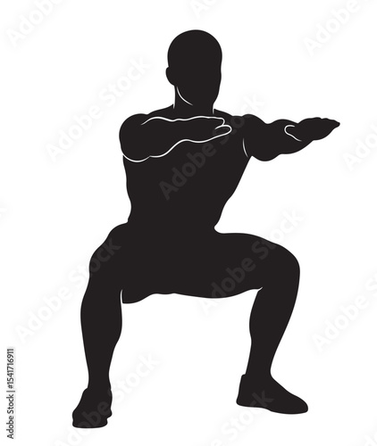 Flat black vector silhouette of a man doing squats with arms forward, front-facing full body pose symbolizing strength and lower body exercise