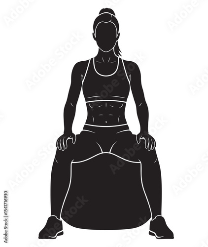 Flat black vector silhouette of a woman sitting on an exercise ball, hands on knees, front-facing full body, symbolizing core balance or gym rest posture