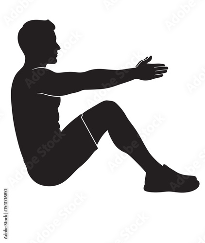 Flat black vector silhouette of a man doing a wall sit in side profile, seated position against invisible wall, symbolizing leg strength and endurance