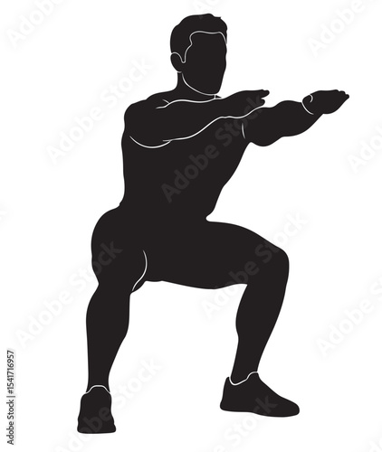 Flat black vector silhouette of a man doing squats with arms forward, front-facing full body pose symbolizing strength and lower body exercise