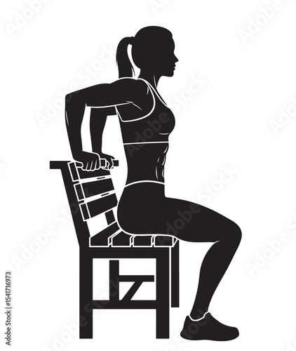 Flat black vector silhouette of a woman doing triceps dips on a bench, side view with bent arms, symbolizing upper body strength and arm workout