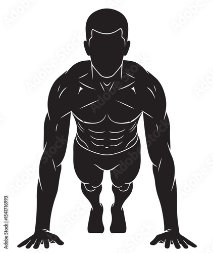 Flat black vector silhouette of a man holding plank position, front view with full body straight and strong, symbolizing core strength and stability