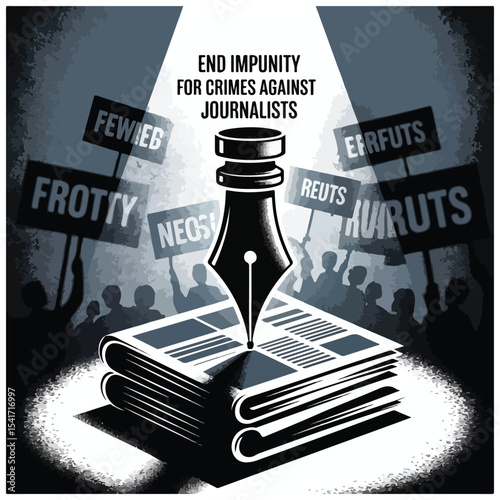 Bold flyer featuring journalists, justice scales, and shattered chains to highlight press freedom awareness.