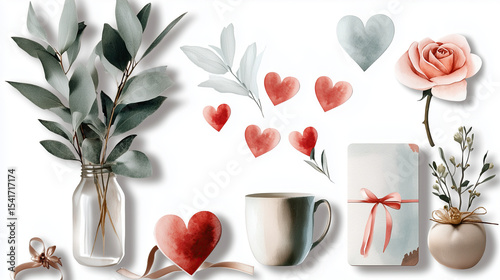 Beautiful arrangement of flowers, hearts, and decorative items, perfect for Valentine Day celebrations, conveying love and affection