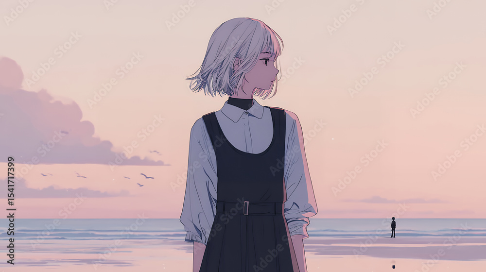 Fototapeta premium 淡いパステルカラーの夕暮れと若い女性 エモい風景