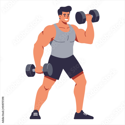Muscular Man Training with Dumbbells Vector - Athlete Performing Bicep Curls for Strength, Fitness and Bodybuilding