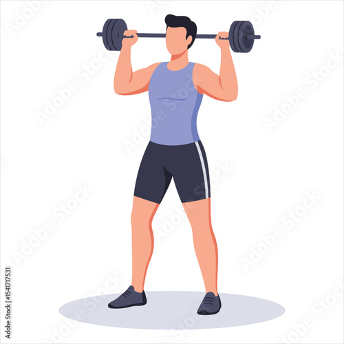 Weightlifter Performing Barbell Overhead Press Vector - Man Training Shoulders for Strength, Fitness and Bodybuilding