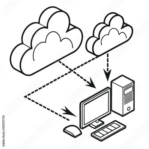 Isometric Cloud Computing Network Diagram Depicting Data Flow Between Cloud Servers and a Personal Computer Device in Black and White