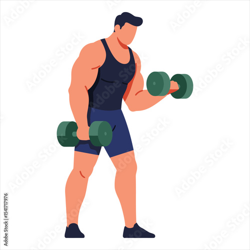 Fitness Man Lifting Dumbbells Vector Illustration - Muscular Athlete Working Out in Gym for Strength Training and Healthy Lifestyle
