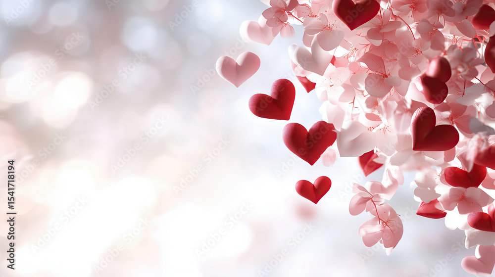 Obraz premium Beautiful arrangement of pink and red hearts surrounded by delicate flowers, creating romantic atmosphere perfect for Valentine Day