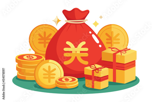 Lunar New Year Abundance A Festive Arrangement of Coins Gifts and a Red Money Bag Symbolizing Prosperity and Good Fortune