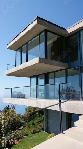 Modern multi-story house with glass walls and balconies overlooking the ocean