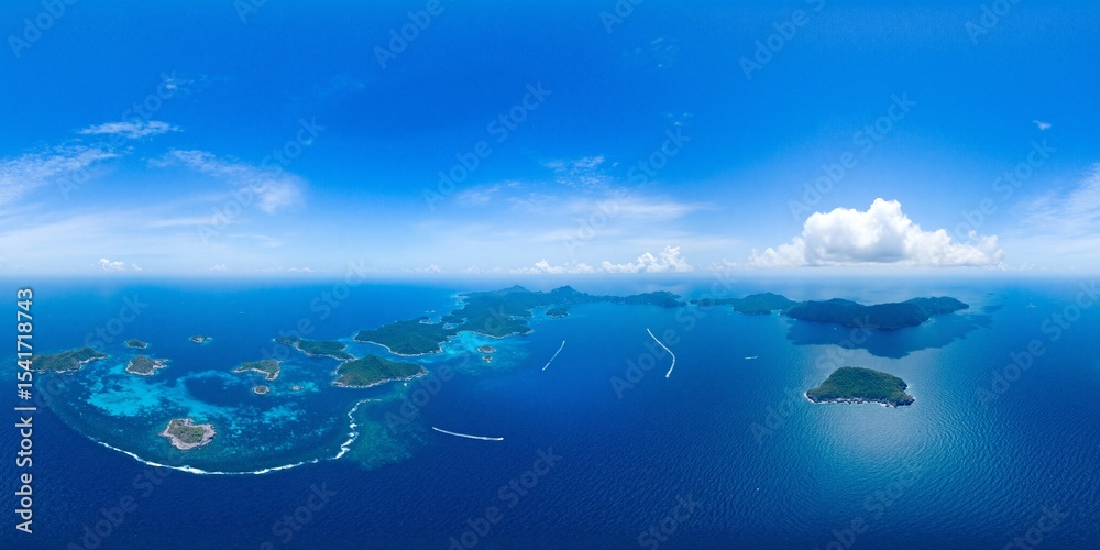 Fototapeta premium Aerial view from height of ocean with islands under a sunny sky - Equirectangular 360 degree landscape
