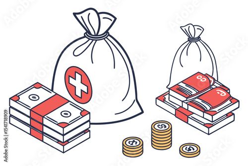 Isometric Illustration of Financial Donations with Money Stacks, Gold Coins, and Sacks for Charity and Fundraising