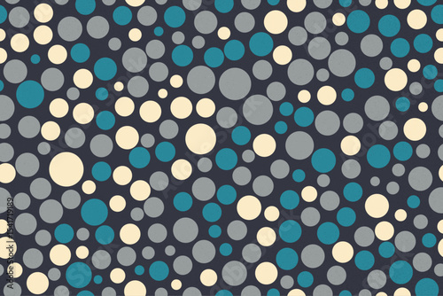 Colorful circles seamless pattern with playful round shapes in soft beige and blue tones on a dark background for abstract design and decoration