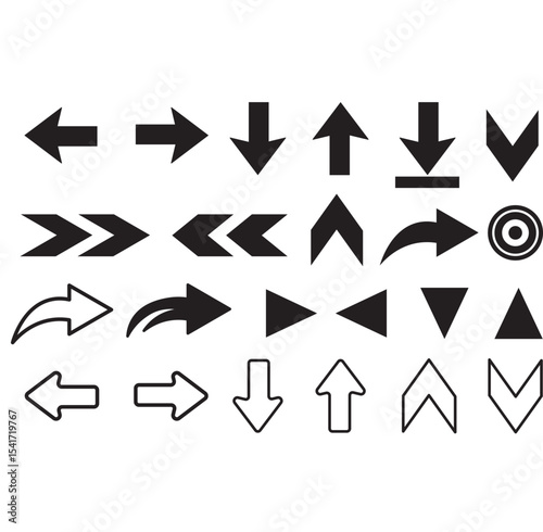 A diverse collection of black flat arrow icons perfect for web design elements directional symbols or business illustrations