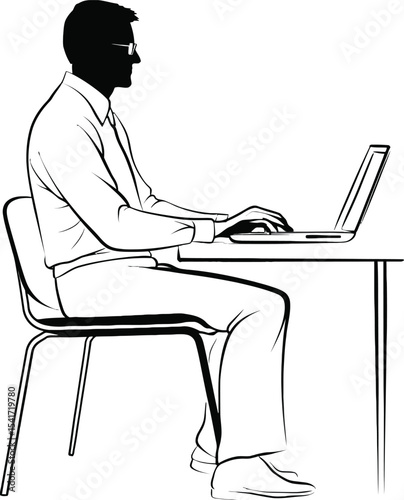 Office Worker Typing at Desk Silhouette – Corporate Vector Illustration for Productivity and Workplace Themes