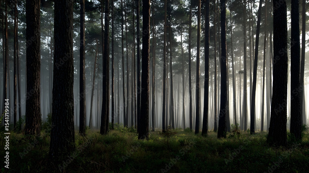 Fototapeta premium Dense pine forest dawn fog rising between tall trunks layered greenery soft sunlight filtering through canopy human eye view capturing moody wilderness scenery cut out isolated transparent background