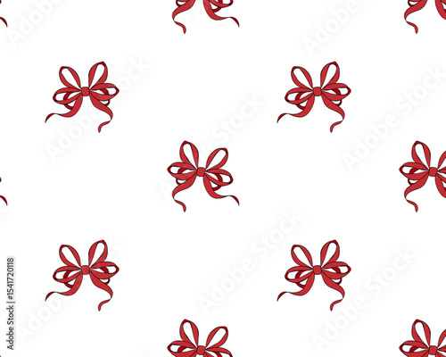 Red ribbon bow Seamless pattern. Vector graphic line ink illustration. Wedding celebration, holiday, party birthday decoration, gift, present concept.